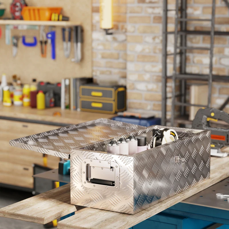 HOMCOM Caja de Herramientas de Aluminio con Asas Retráctiles Cierre con Llave y Gran Capacidad de Almacenaje 76x33x25 cm Plata