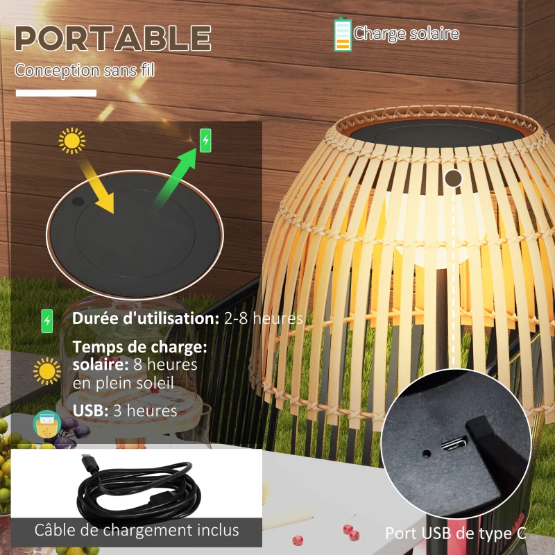 Outsunny Lampadaire extérieur LED solaire sans fil avec batterie rechargeable par USB avec abat-jour bambou - dim. Ø39 x 153H cm