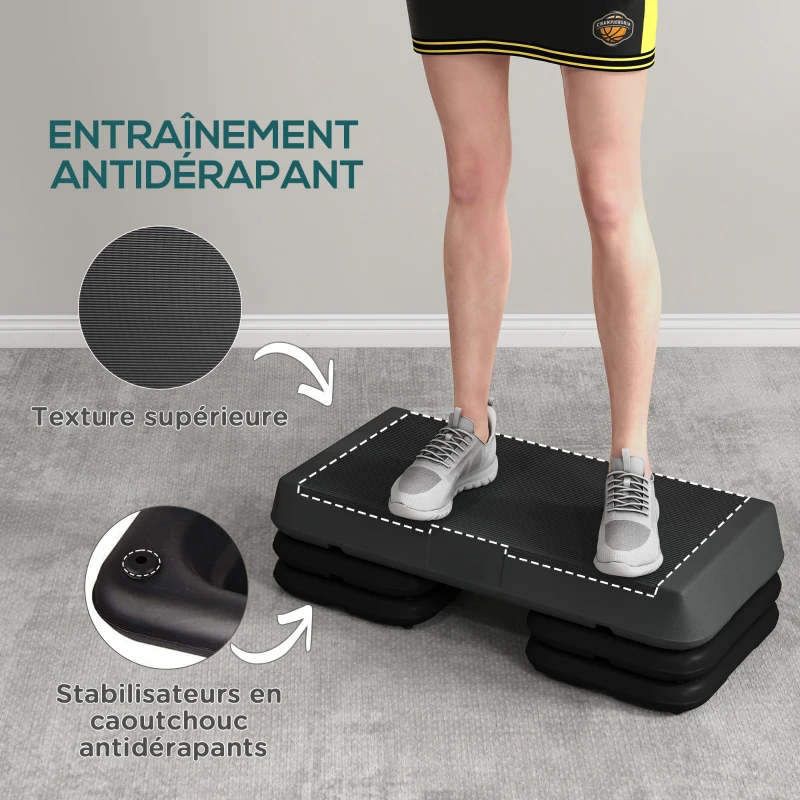 SPORTNOW Stepper aérobic fitness hauteur réglable 3 niveaux 10/15/20 cm surface antidérapante plastique, gris