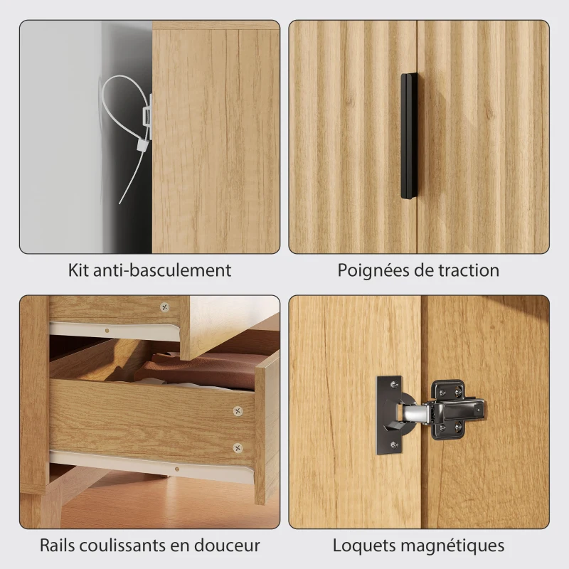 HOMCOM Armoire chambre penderie avec 2 portes à fermeture douce, 2 tiroirs et barre de suspension, 80x50x180cm, bois naturel