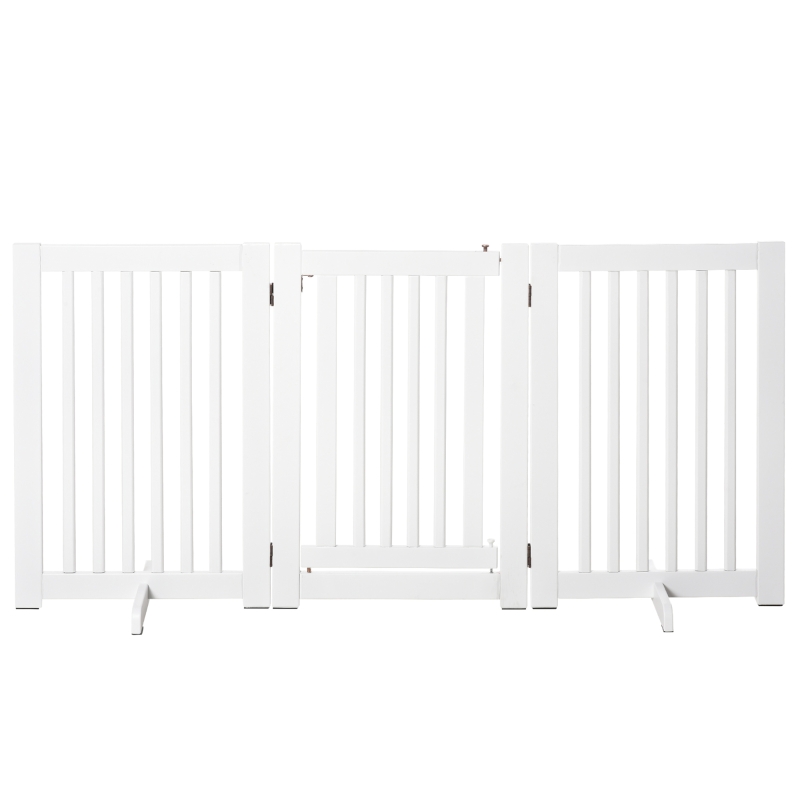 PawHut Barreira para Cães de Madeira Barreira para Animais de Estimação Dobrável de 3 Painéis com 1 Porta e Pés de Apoio 155x35,5x76 cm Branco
