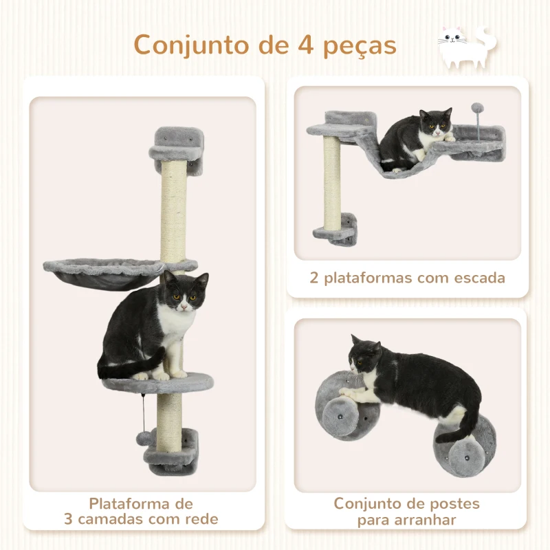PawHut Prateleiras de Escalada para Gatos de Parede com Rede Plataformas Poste de Sisal e Escada 84,5x19x54 cm Cinza e Bege