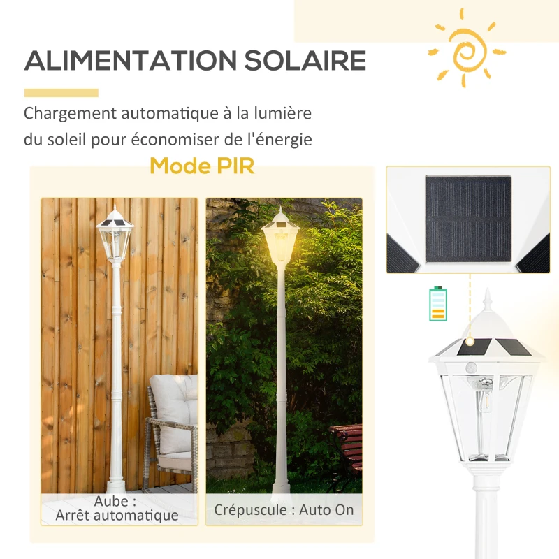 Outsunny Luminaire solaire extérieur lampe de jardin lampadaire classique LED en aluminium étanche ;uminosité réglable