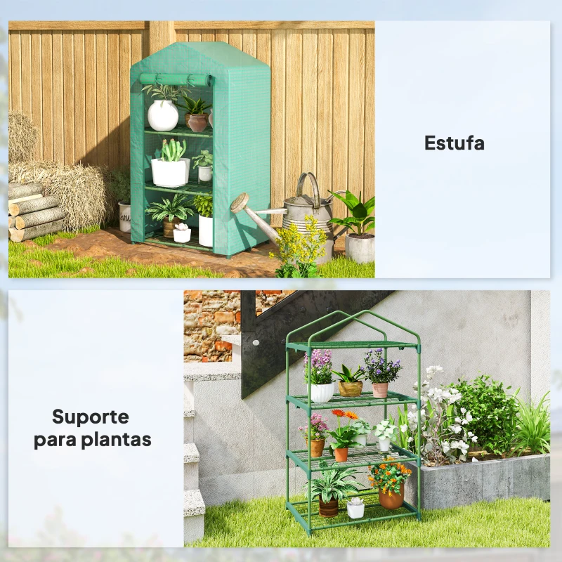 Outsunny Estufa de Jardim de 3 Níveis Porta Enrolável Estrutura Metálica Cobertura de PE Anti-UV 69x49x125 cm Verde