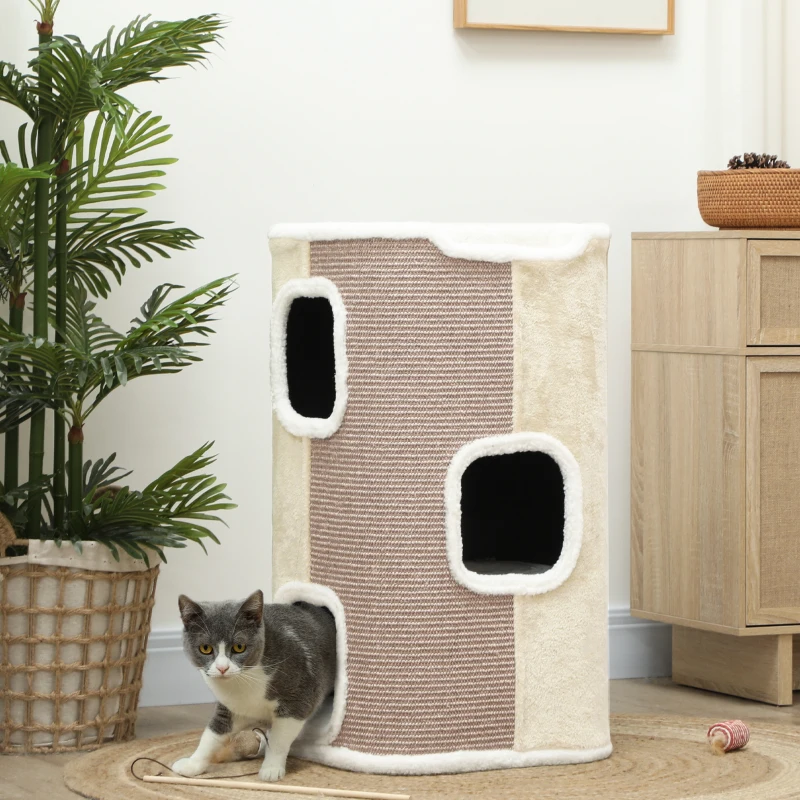 PawHut Kratztonne für Katzen, Katzenbaum, 3 Ebenen, robust, weicher Plüsch, Rückzugsort, Beige(m-10)
