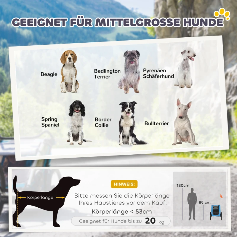 PawHut Opvouwbare hondenfietskar met reflectoren, mesh-ramen, wielen, deur, veiligheidsvlag voor honden tot 20 kg 138x70x89 cm Blauw