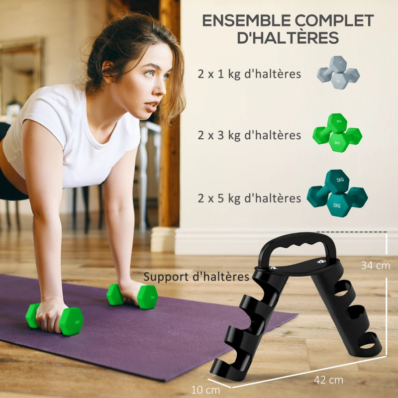 SPORTNOW Lot d'haltères hexagonaux, haltères musculation, 2 x 1 kg, 2 x 3 kg, 2 x 5 kg, avec support convertible d'haltères