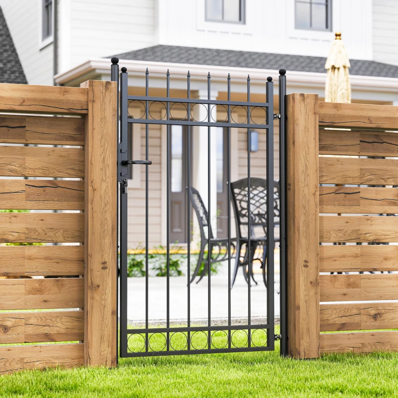 Outsunny Cancello Giardino a 2 Paletti con Maniglia, Lucchetto e 3 Chiavi, in Acciaio Zincato, 105x204 cm, Nero