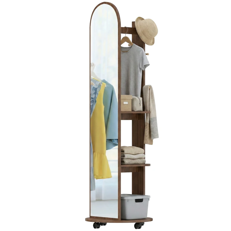 HOMCOM 2-in-1 Full Length Mirror with Storage Shelves, Floor Mirror with 4 Wheels, Coat Rack, Hooks, Brown Wood Effect
