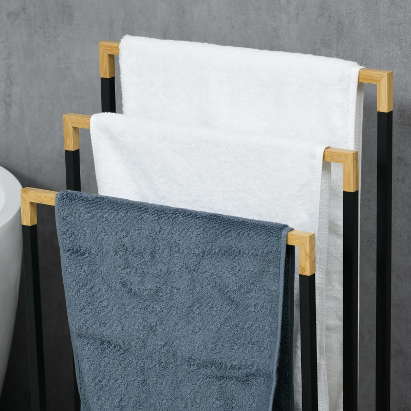 kleankin Handdoekhouder Handdoekhouder Set 3 Handdoekstangen, Industrieel Ontwerp, Bamboe, 45 x 22,5 x 86 cm, Zwart + Natuurlijk