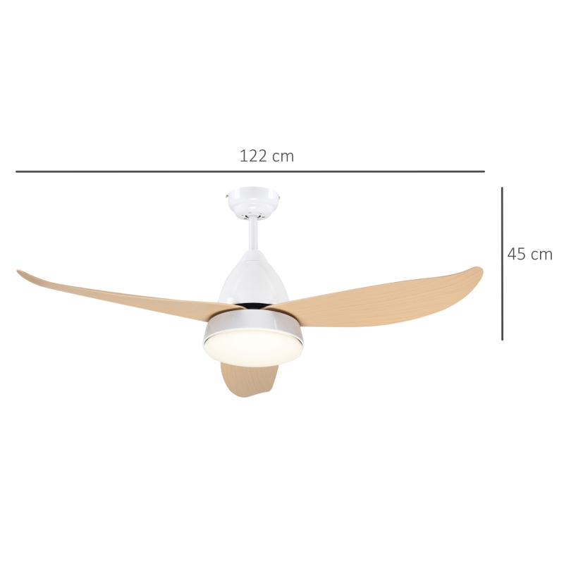 HOMCOM Ventilateur plafond avec lumiere 24 W réversible, ventilateur de plafond avec 3 pales et télécommande 6 vitesses silencieux, lampe ventilateur plafond LED Ø122 cm, pour chambre, salon, blanc