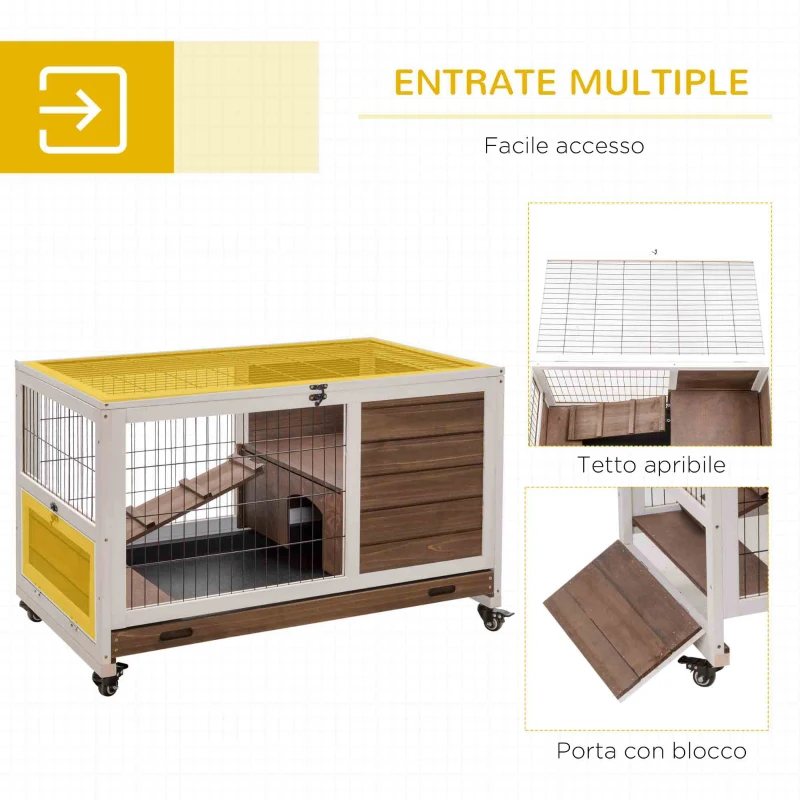 PawHut Conigliera in Legno con 4 Ruote, Casetta per Conigli e Rampa, 90x53x59cm, Marrone