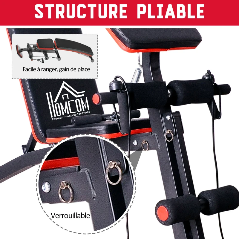 HOMCOM Banc de musculation pliable inclinable réglable sangles élastiques support haltères inclus acier noir rouge + Ensemble d'haltères Courtes Total 20 Kg acier HDPE noir