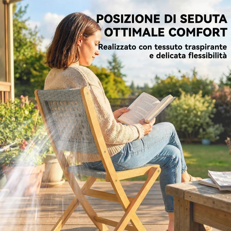 Outsunny Set di 2 Sedie Pieghevoli da Giardino in Rattan PE e Legno di Acacia, Supporto fino a 160 kg, Grigio