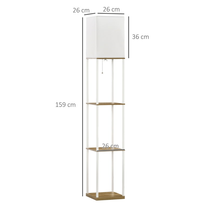 HOMCOM Staandelamp, Vloerlamp met Planken, Metalen Frame, Stoffen Kap, 26x26x159cm, Wit/Bruin