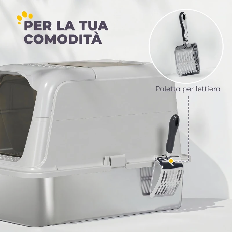 PawHut Lettiera per Gatti Chiusa con Coperchio, 2 Ingressi, Paletta e Sacchetto Deodorante, Grigio Chiaro