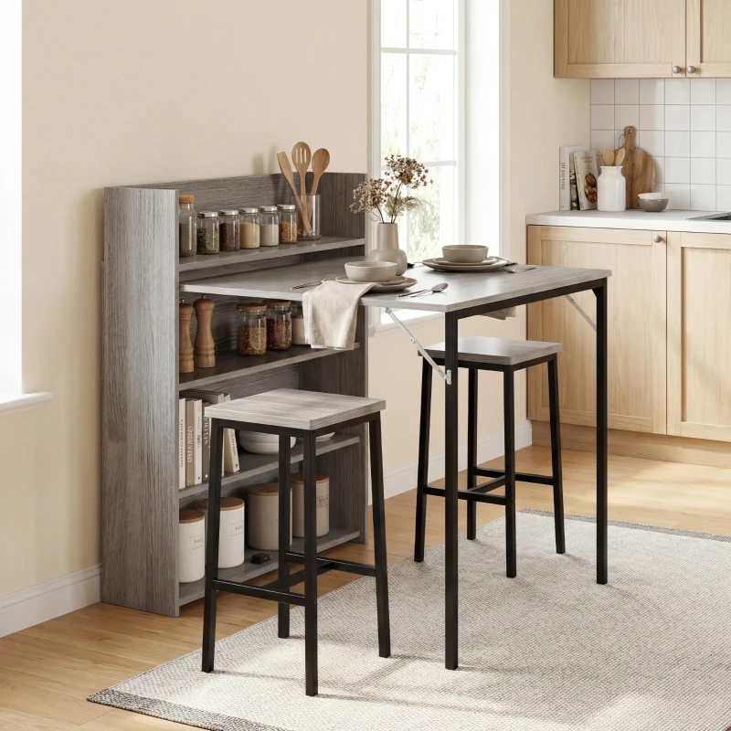 HOMCOM Kitchen Table, Folding Dining Table, with 4-Tier Shelves, Modern Drop-Leaf Table, Grey Wood Effect