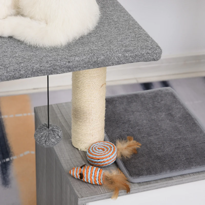 PawHut Albero Tiragraffi Multilivello per Gatti e Gattini con Cuccia e Colonna in Corda Sisal, Grigio, 59 x 39 x 62cm