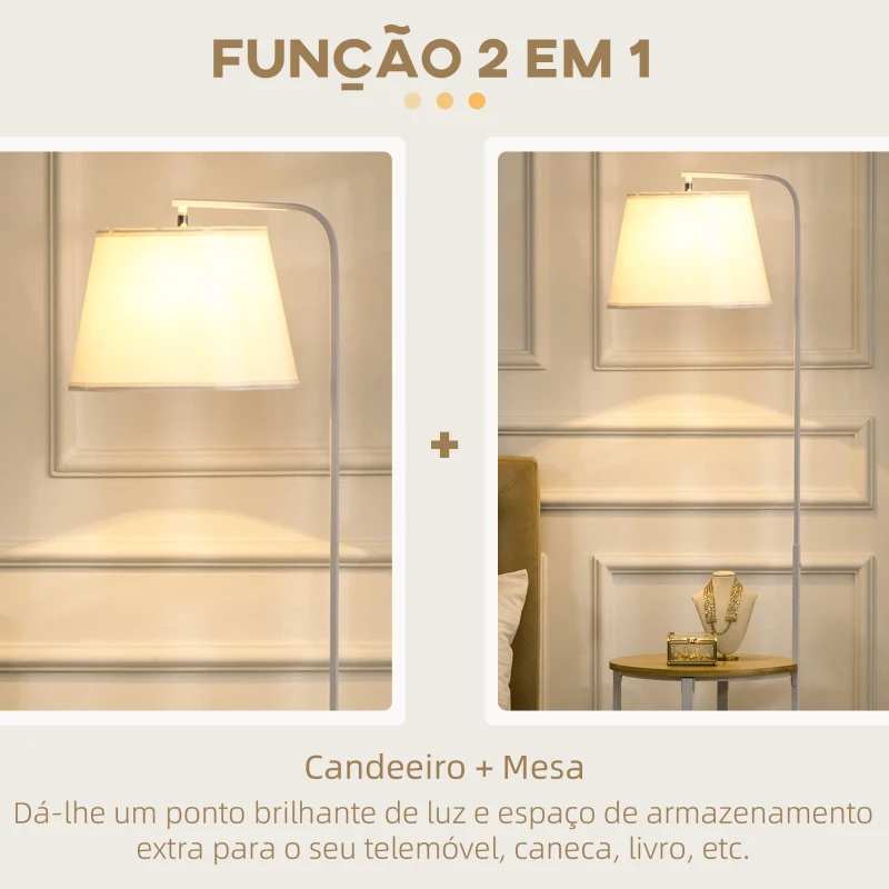 HOMCOM Candeeiro de Pé Moderno com Prateleira Suporte para Lâmpada E27 Máx. 40W com Ecrã de Linho Ø37x162cm Branco e Madeira