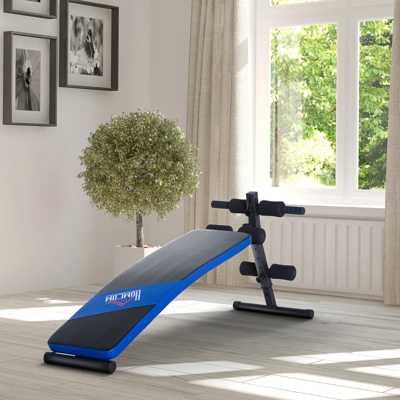 HOMCOM Banco de Abdominales Multifuncional Banco de Sentadillas con Soporte para Piernas Ajustable en Altura para Entrenamiento en Hogar Oficina 144x47x51-63 cm Negro y Azul