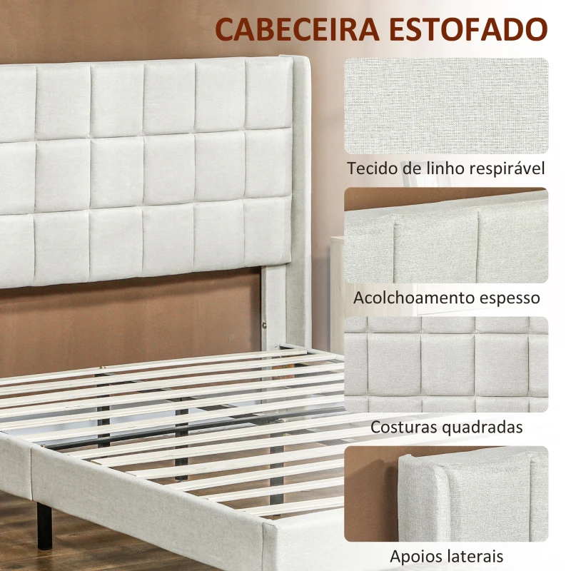 HOMCOM Cama 135x190 cm Estrutura de Cama com Cabeceira Estofada em Linho e Espaço de Armazenamento Debaixo da Cama Bege