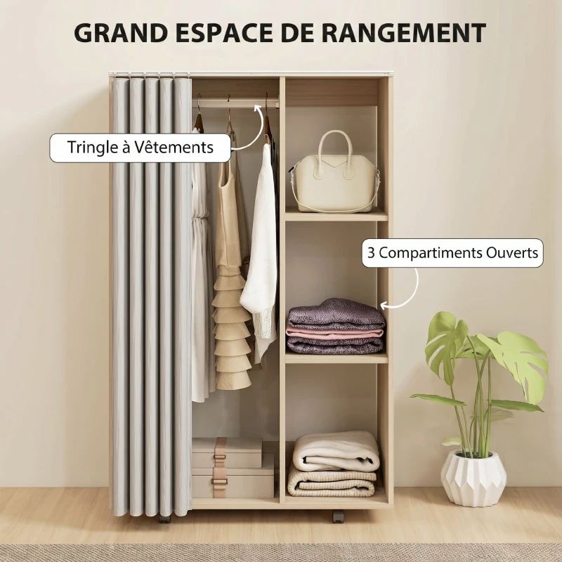 HOMCOM Armoire penderie vêtement dressing mobile 4 roulettes tringle à vêtements et étagères 80x40x128cm, effet bois naturel(m-4)