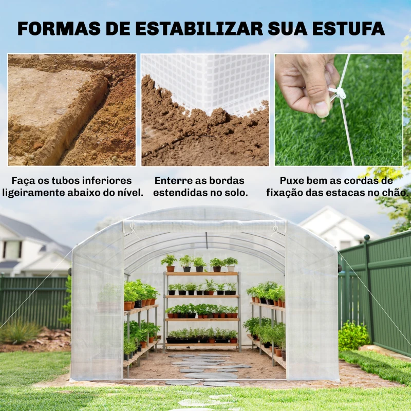 Outsunny Estufa Túnel 6x3x2 m com 3 Portas Enroláveis, 6 Janelas com Rede e Estrutura de Aço Galvanizado Branco