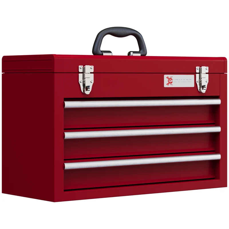 DURHAND Gereedschapskist met 3 Laden, Bovenopbergvak, Stalen Sluitingen, Draaggreep, 51x22x32 cm, Rood