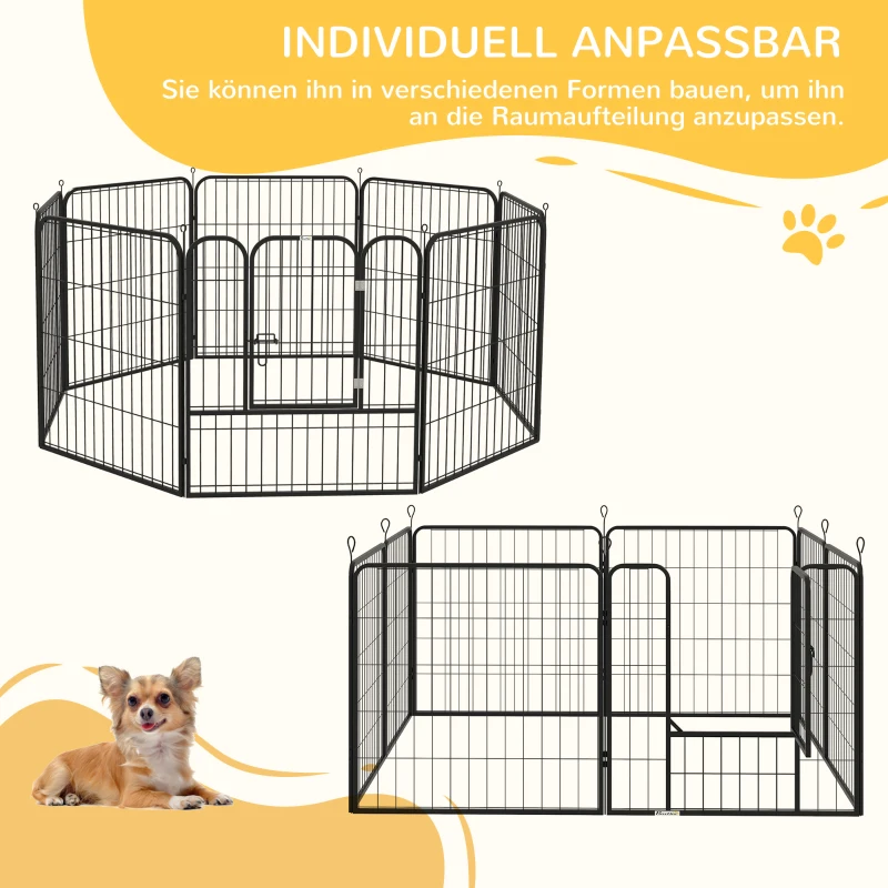PawHut Welpenlaufstall 8-teilig 80cm hoch Hundelaufstall faltbar mit 2 abschließbarer Tür Stahl Welpenauslauf für kleine mittlere Hunde für drinnen draußen Camping Garten Aufbau werkzeugfrei Grau