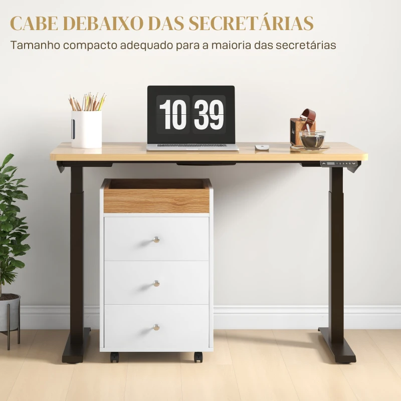 HOMCOM Bloco de Gavetas para Escritório com 4 Rodas 3 Gavetas e 1 Bandeja Amovível Carga 30 kg 43x40x66,5 cm Branco e Natural