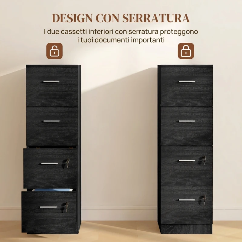 HOMCOM Armadio per Ufficio a 4 Cassetti con 2 Serrature e Barra Portadocumenti, in Legno, 40x42x130.8 cm, Nero
