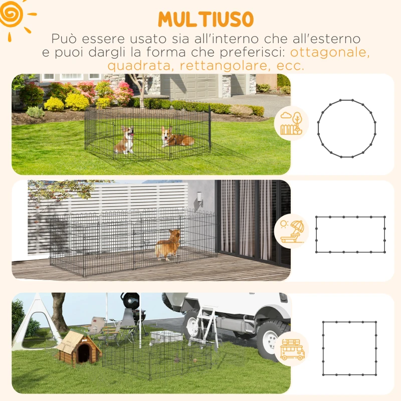 PawHut Recinto per Cani e Cuccioli 8 Pannelli in Acciaio, Gabbia per Cani, Box per Animali Domestici da Interno e Esterno, Ø180x61 cm, Nero