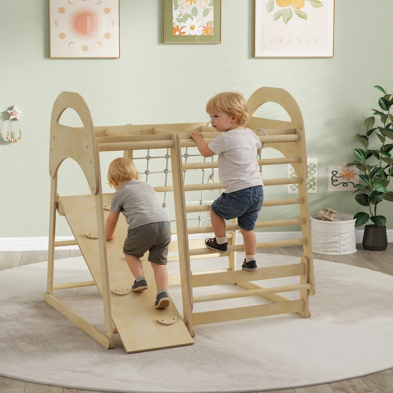 AIYAPLAY Binnen-klimrek, 6-in-1 ontwerp, glijbaan, klimstangen, klimwand, ladder, klimnet, 3-6 jaar, hout(m-2)