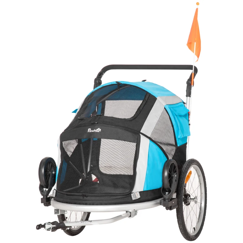 PawHut Reboque de Bicicleta para Cães Dobrável 2 em 1 Carrinho para Cães de Alumínio com Guiador Ajustável Bandeira e 6 Refletores Carga Máxima 40kg 150x82x98cm Azul