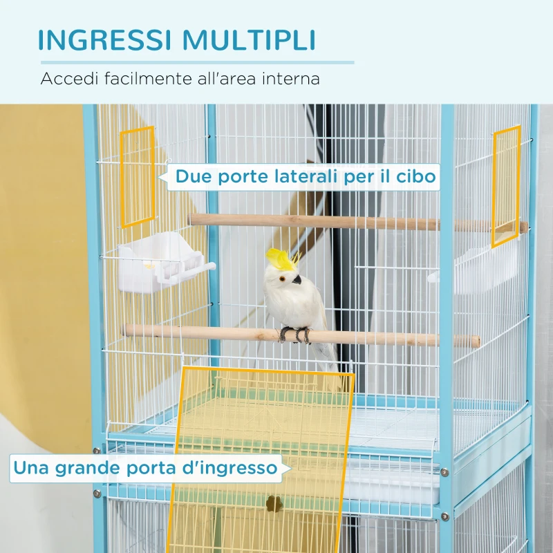 PawHut Gabbia per Uccelli 2 in 1 Voliera da Interni con 4 Ruote e Vassoi Estraibili, 51.5x50x140cm