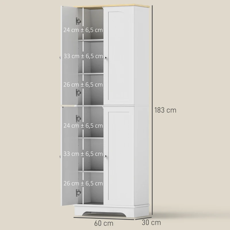 HOMCOM Armário de Cozinha Armário Alto de Cozinha Móvel Auxiliar de Cozinha com 4 Portas e Prateleiras Ajustáveis 60x30x183 cm Branco