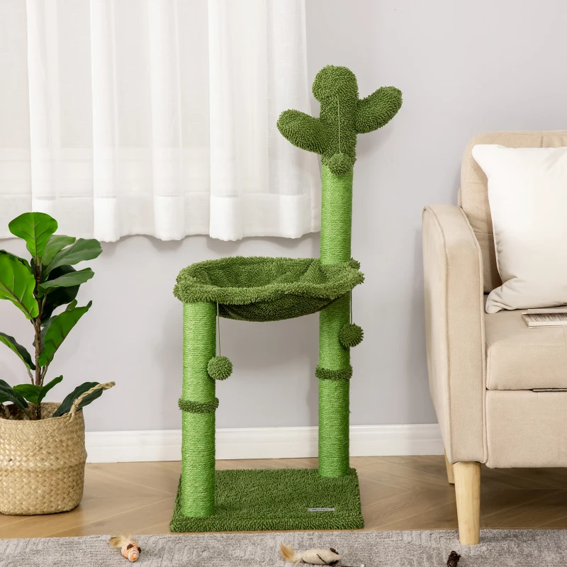 PawHut Albero Tiragraffi per Gatti fino 4.5kg a Forma di Cactus con Palline e Amaca, 40x40x96cm - Verde