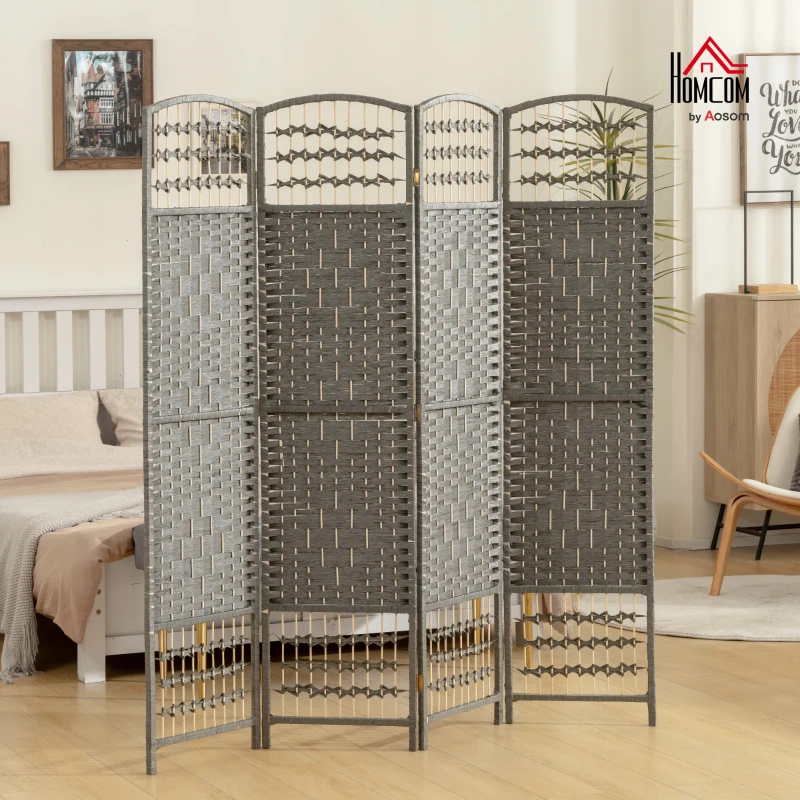 HOMCOM 4 Panel Folding Privacy Screen, Room Divider with Pine Wood Frame for Living Room and Office, Dark Grey