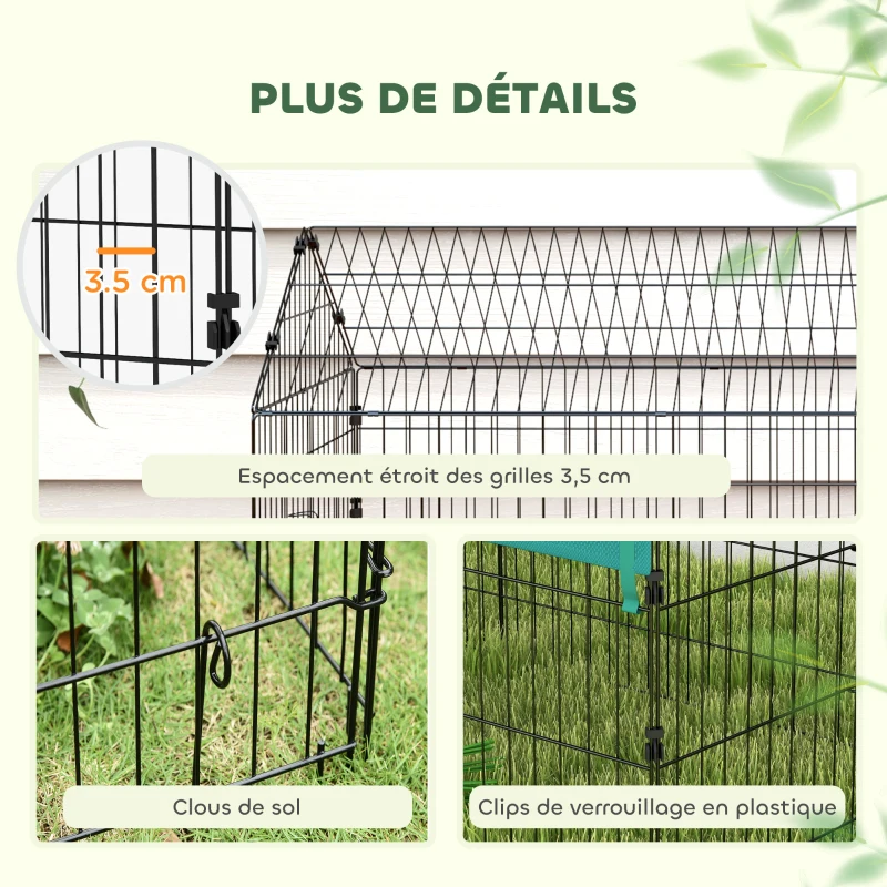 PawHut Parc enclos cage lapin extérieur structure acier avec protection solaire et portes verrouillables 185 x 75 x 75 cm vert