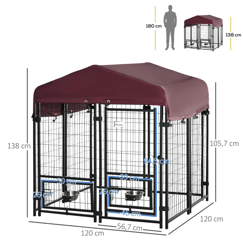 PawHut Chenil extérieur pour chiens parc à chiot avec toit en tissu oxford avec 2 supports de bol rotatifs 8 panneaux toit résistant aux intempéries 120 x 120 x 138 cm(m-3)