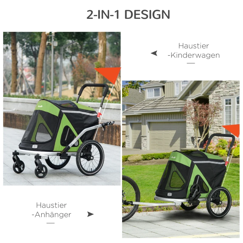 PawHut 2-in-1 Hondenbuggy Hondenjogger Fietskar, 2 Reflectoren, 1 Veiligheidslijn, 150 x 68 x 95 cm, Groen