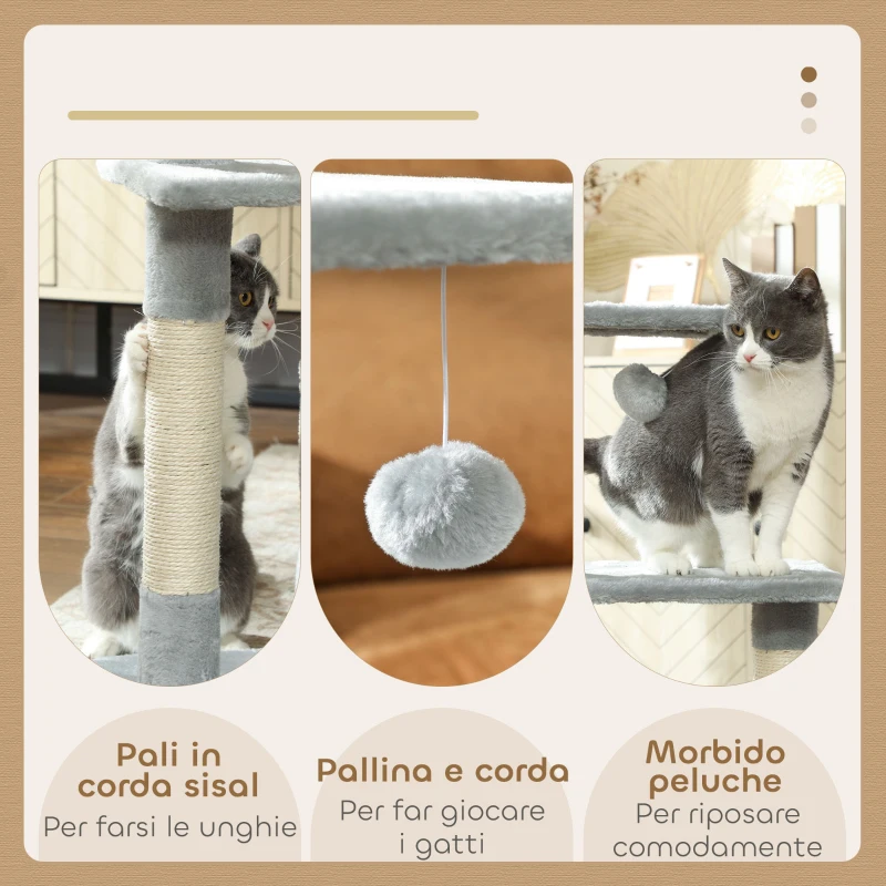 PawHut Tiragraffi per Gatti con Casetta, 2 Piattaforme e Pallina, in Legno, Sisal e Peluche, 50x30x81.5 cm, Grigio