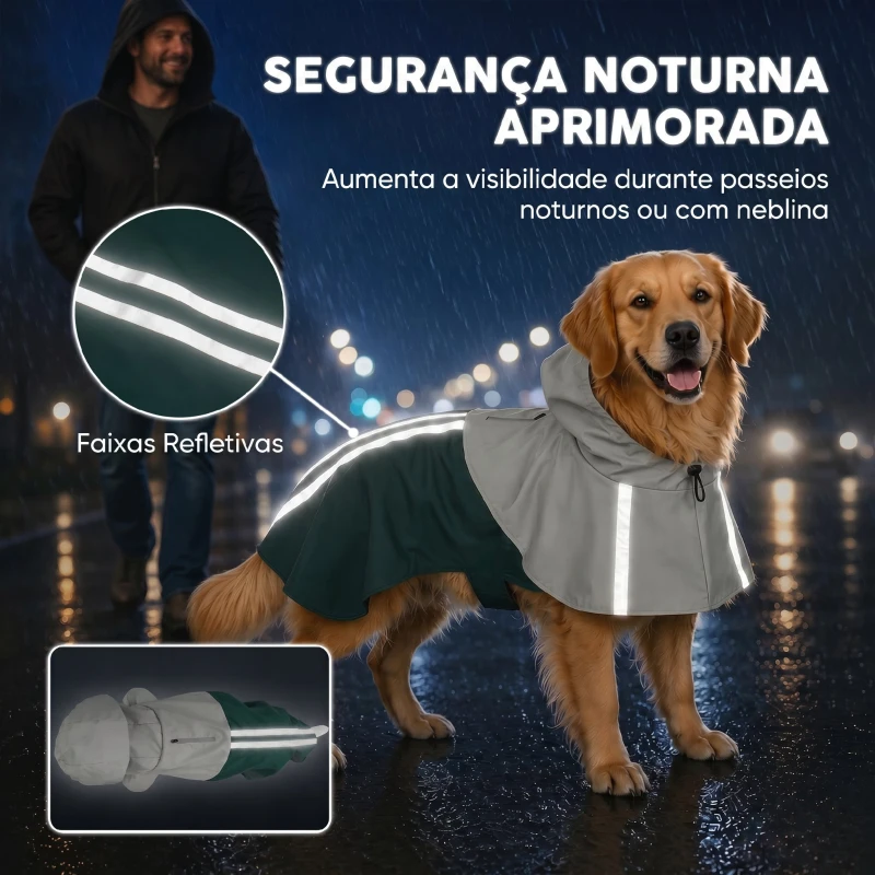 PawHut Impermeável para Cães com Capuz Verde L com Bandas Refletoras e Abertura para Trela Cães Grandes 20–30 kg, Verde
