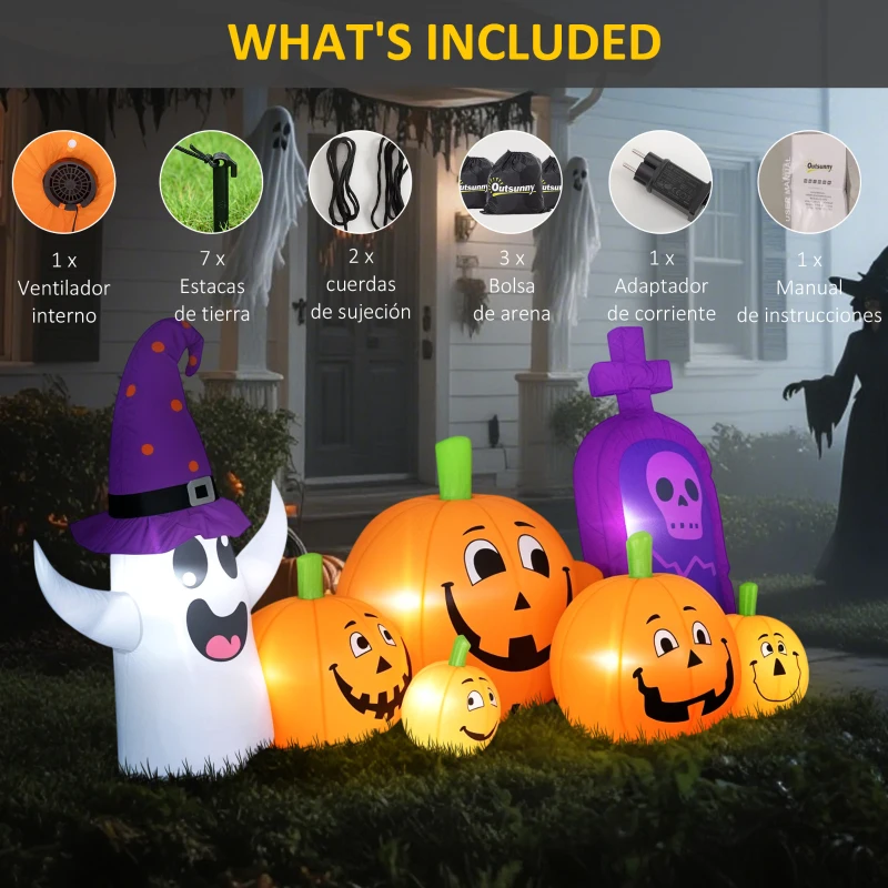 Outsunny Calabaza Inflable de Halloween con Fantasma Lápida con Luces LED IP44 e Inflador para Fiestas 240x130x130 cm Multicolor