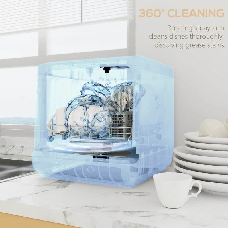 HOMCOM Table Top Dishwasher with Built-in 6L Water Tank, Mini Countertop Dishwasher with 6 Programs, 4 Place Settings, Silver Tone