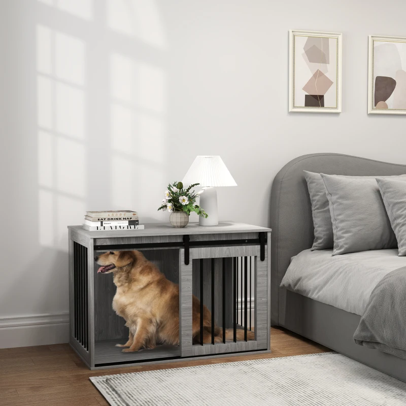 PawHut Hundebox mit Schiebetür, Belüftung, Spanplatte und Stahl, 98 x 58 x 61 cm, Grau(m-10)