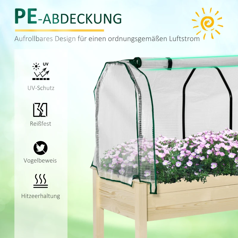 Outsunny Verhoogd Bed, Oprolbare Folieafdekking, Natuurlijk Houten Frame, Stofvoering, Afvoeropeningen, 121 x 55 x 117cm