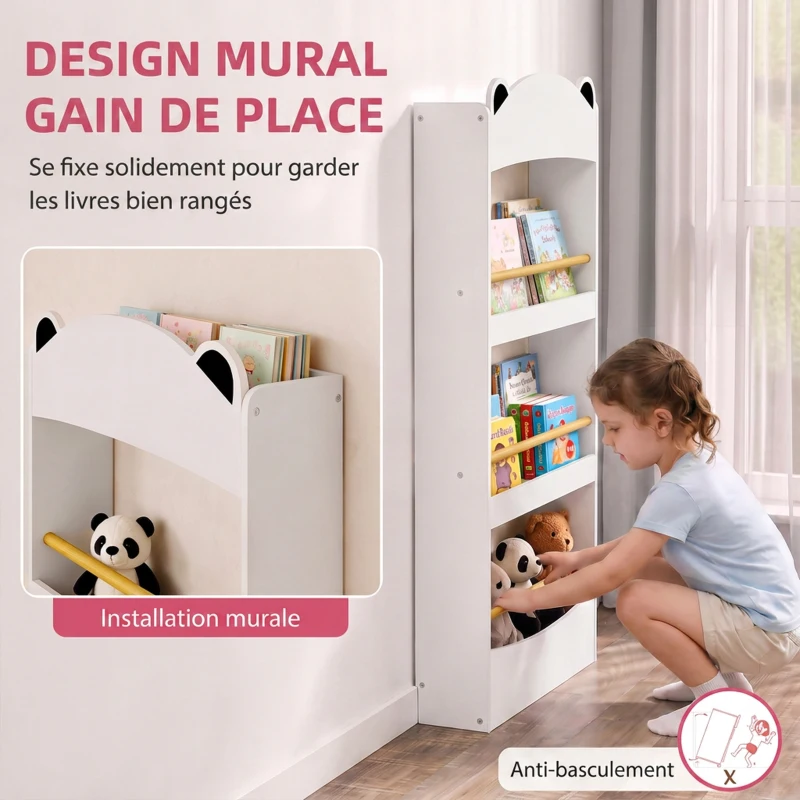 AIYAPLAY Bibliothèque Murale Enfant à 4 Niveaux, Étagère à Livre 3-8 Ans, Meuble de Rangement pour Salle de Jeux, Salon, Blanc