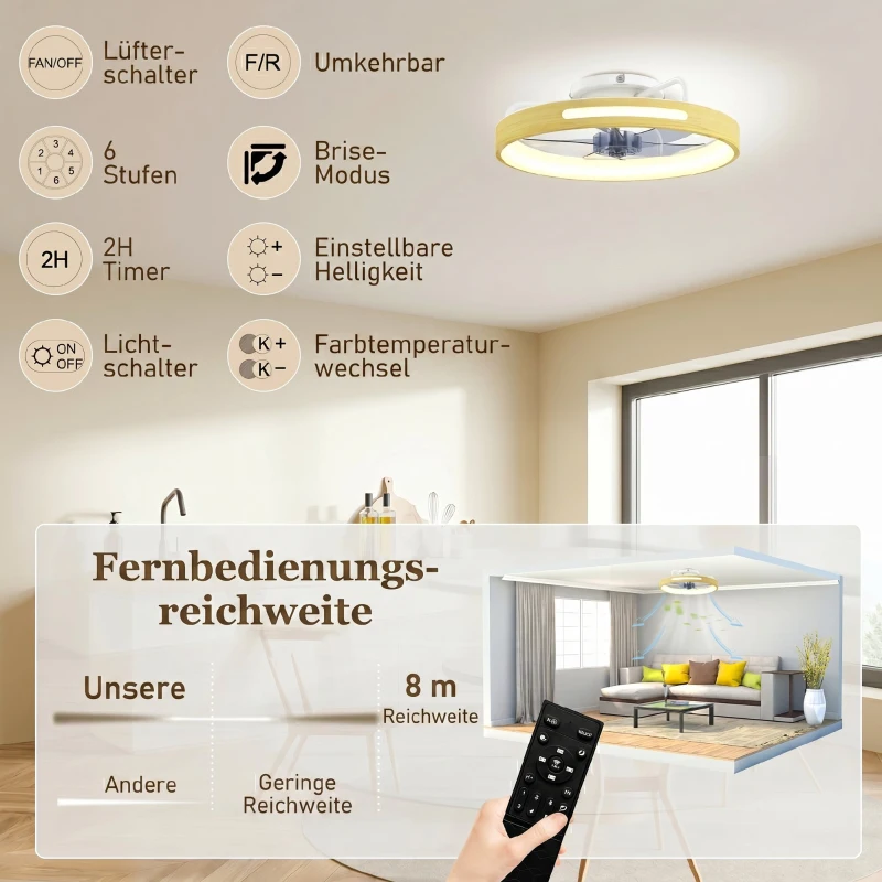 HOMCOM Deckenventilator mit Licht und Fernbedienung, 49 cm LED-Deckenventilator mit 3 Farbtemperaturen, natürliches Holzfinish