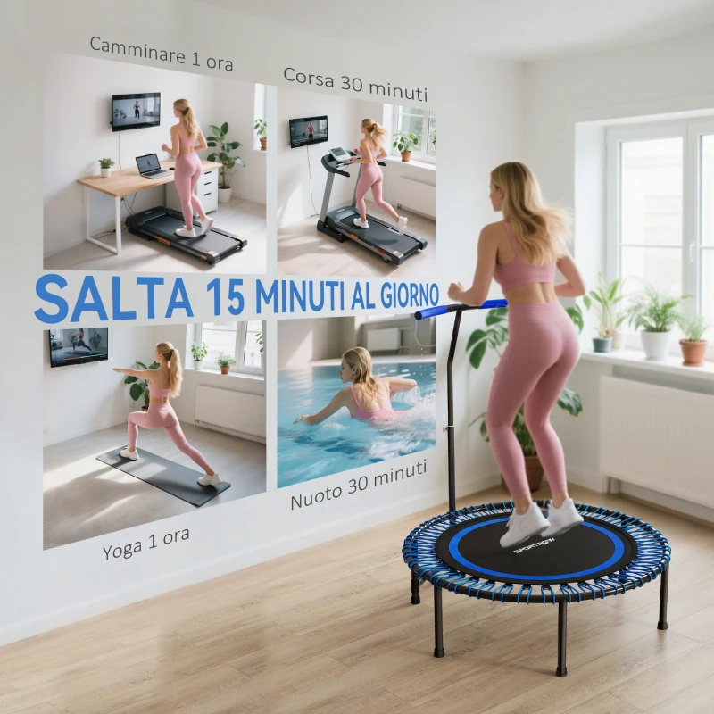 SPORTNOW Trampolino Fitness Ø145 cm con Manubrio Regolabile su 5 Posizioni, 36 Molle Bungee e Capacità 200 kg, Blu